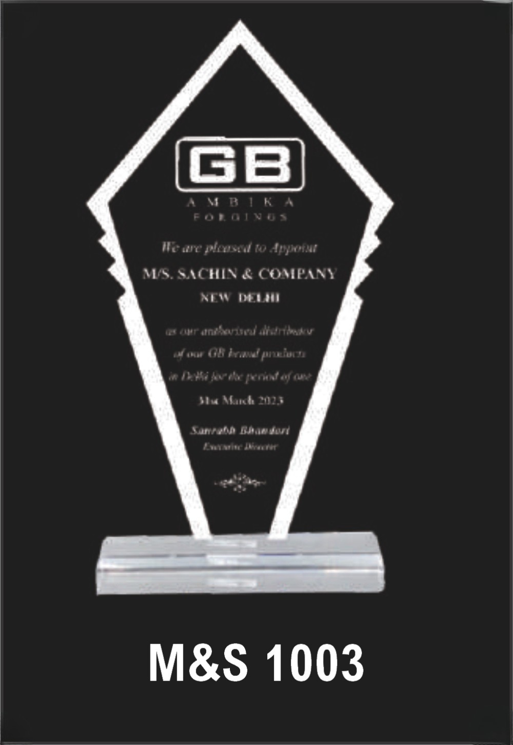 Laser Etched Acrylic Modal Number M&S 1003